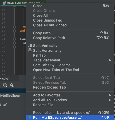 Run Mix ESpec from right-clicking file editor tab Run Mix ESpec