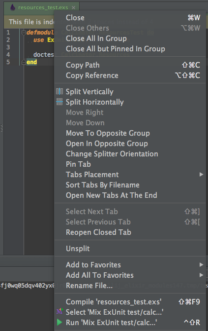 Run Mix ExUnit from right-clicking file editor tab Run Mix ExUnit