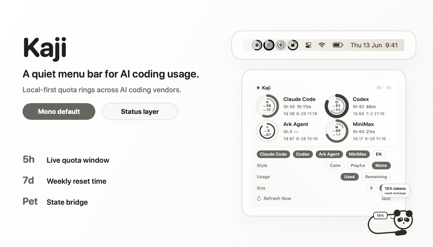 Kaji Gauge — menu-bar rings, a floating popover, and a dock that folds to the screen edge