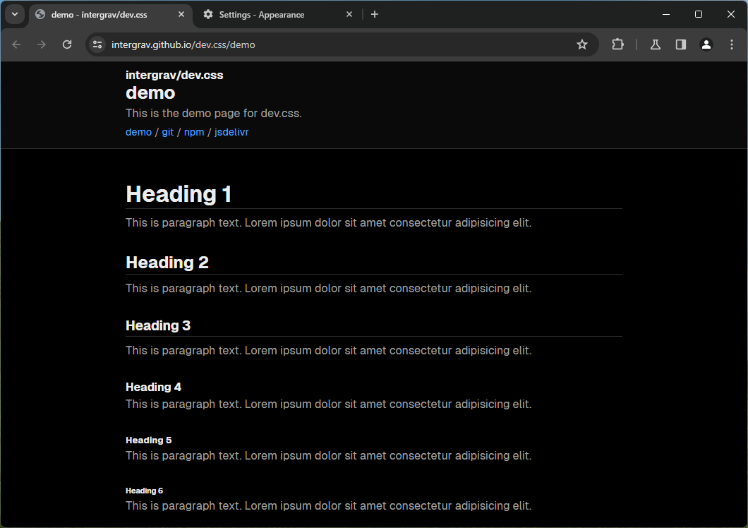 dev.css desktop demo, dark mode