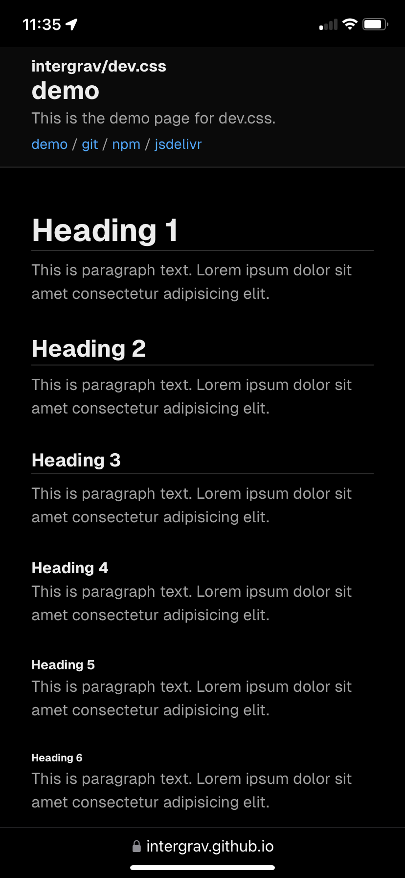 dev.css mobile demo, dark mode