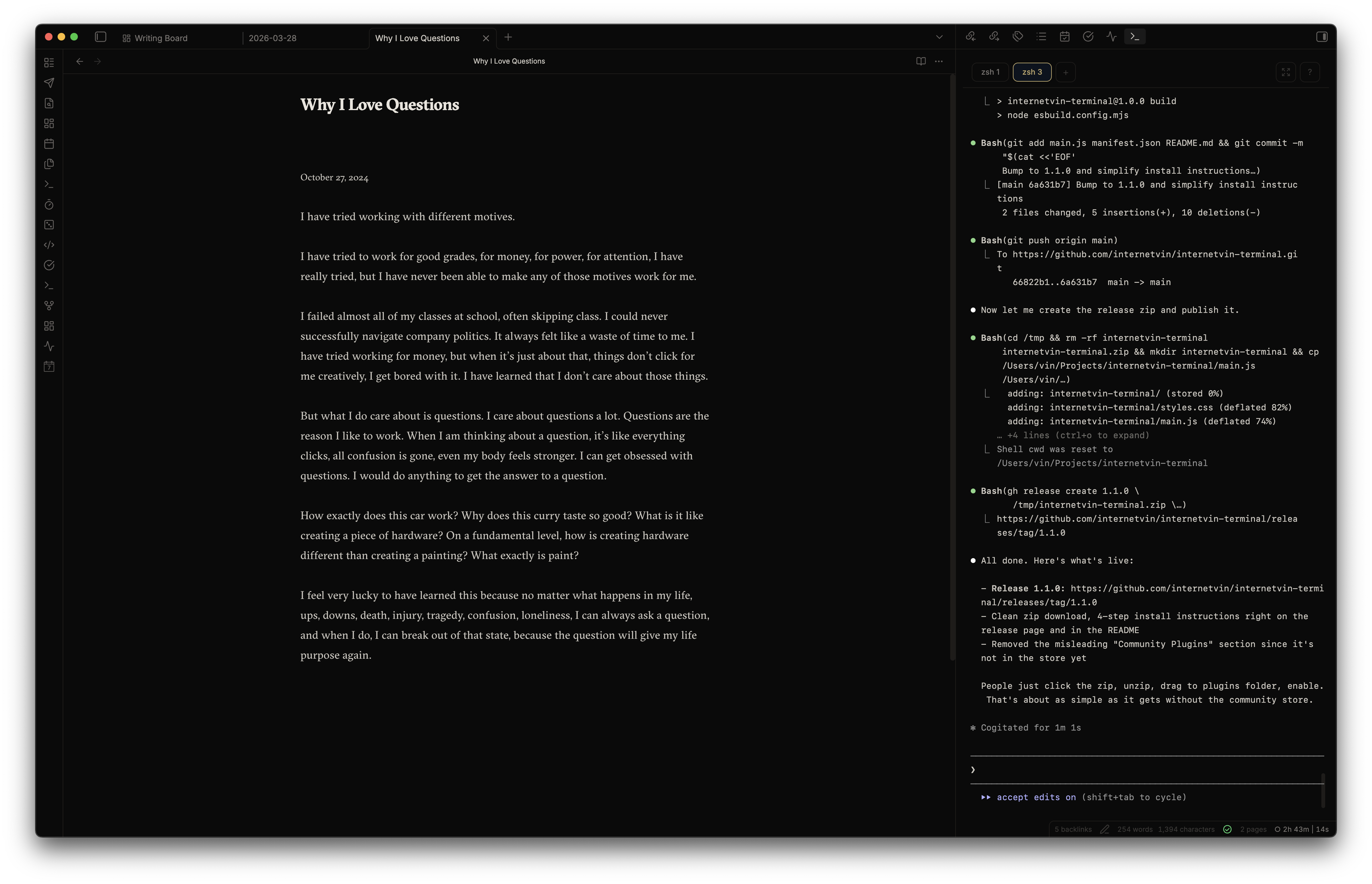 internetVin Terminal running alongside a note in Obsidian