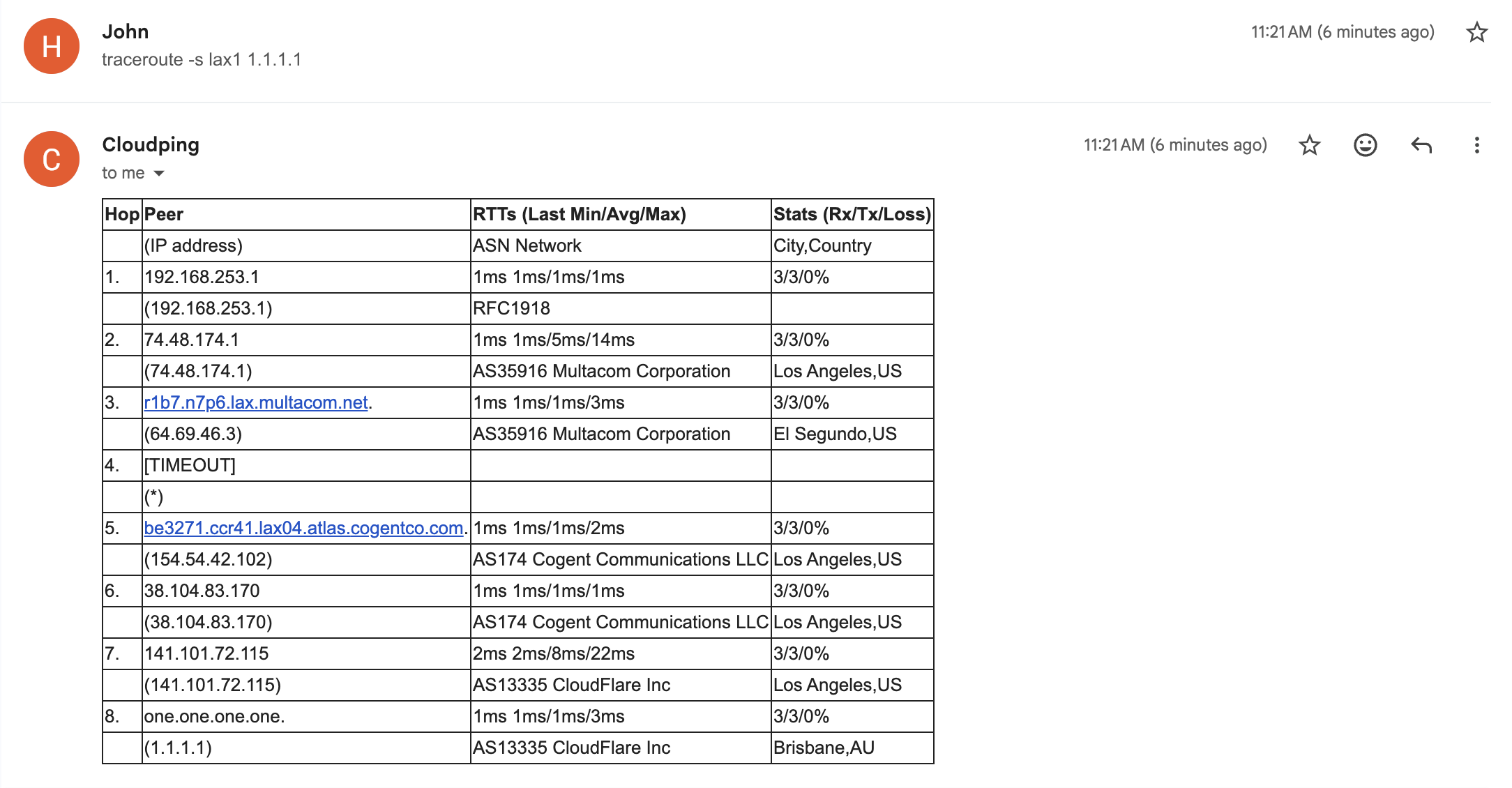 Traceroute via the Email interface