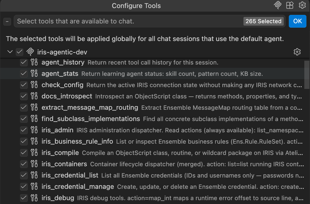 iris-agentic-dev tools in the VS Code Copilot tools panel