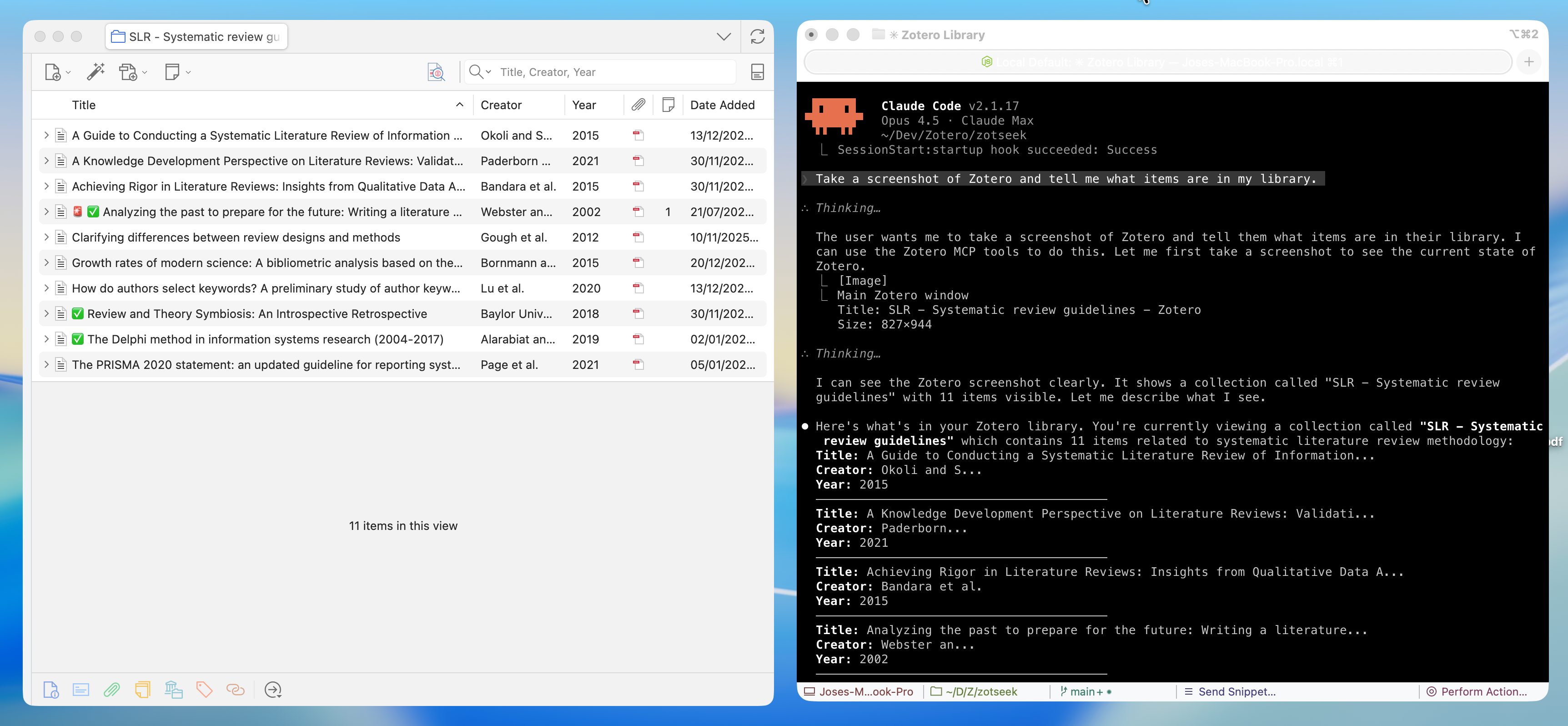MCP Server Zotero Dev in action
