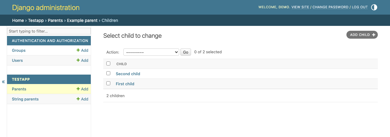 Child changelist scoped to Example parent