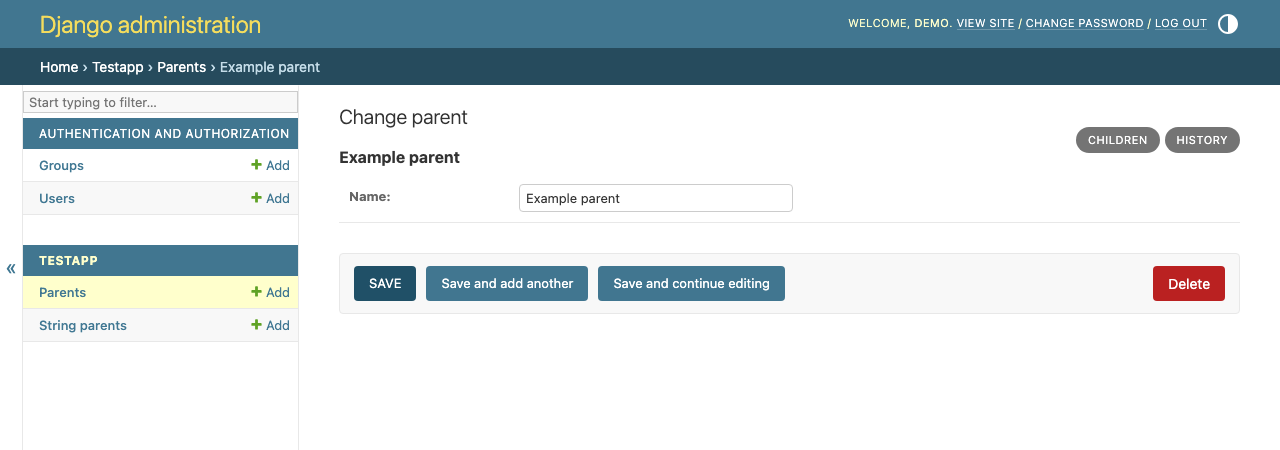 Parent change page with a Children link