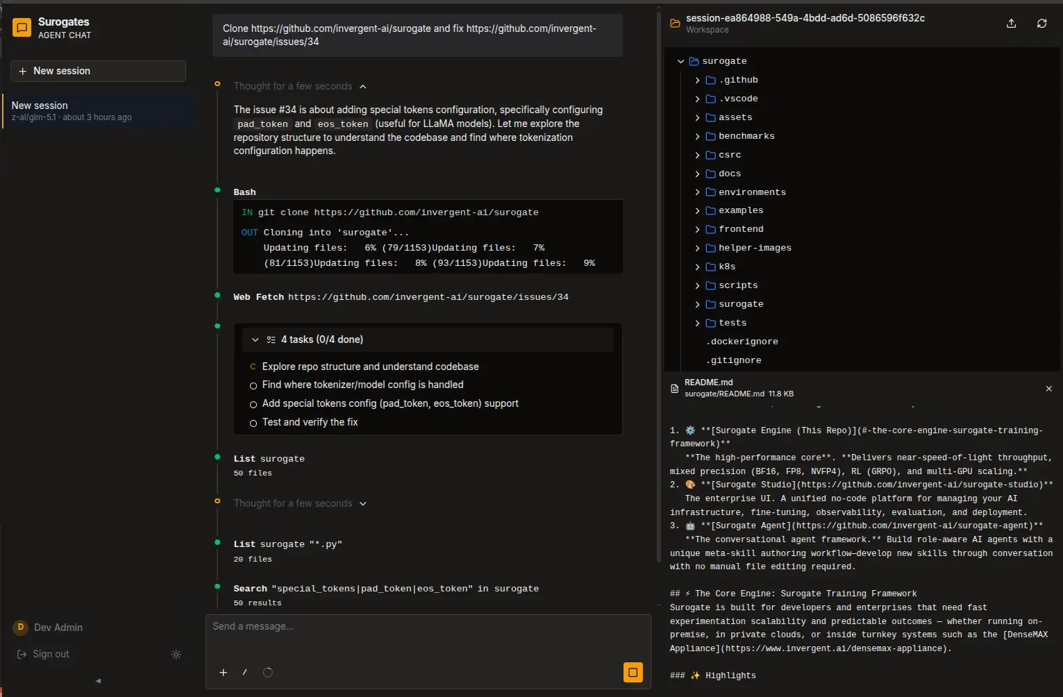 Surogates agent chat — an agent cloning a repository, running shell commands, fetching a GitHub issue and working a task list, with its session workspace open alongside