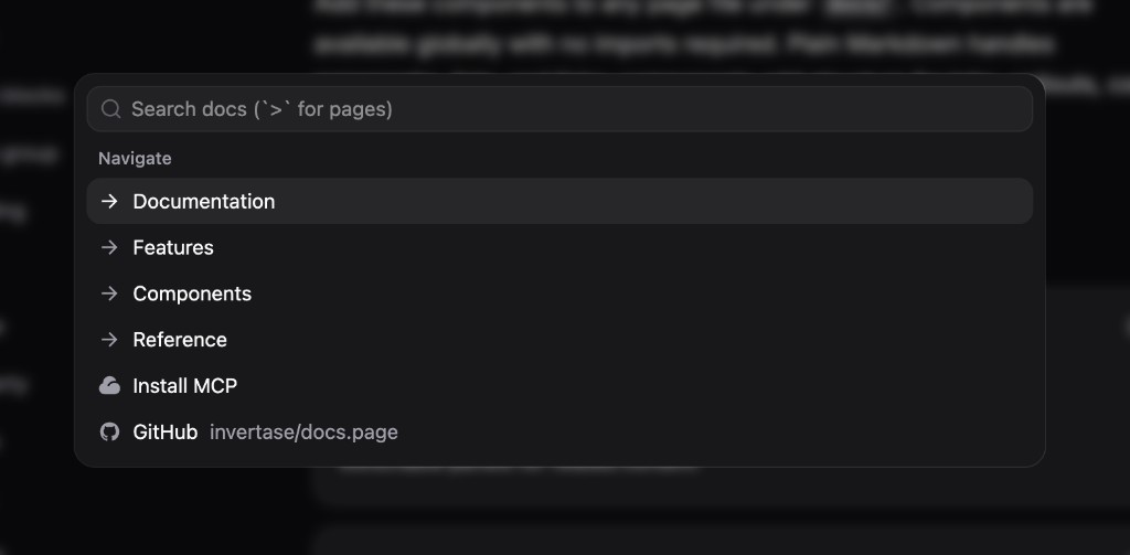 Command palette with search input and quick navigation links