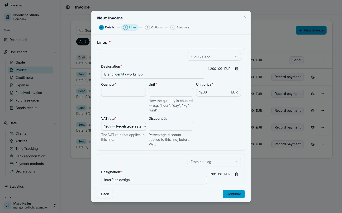 Invoice creation wizard