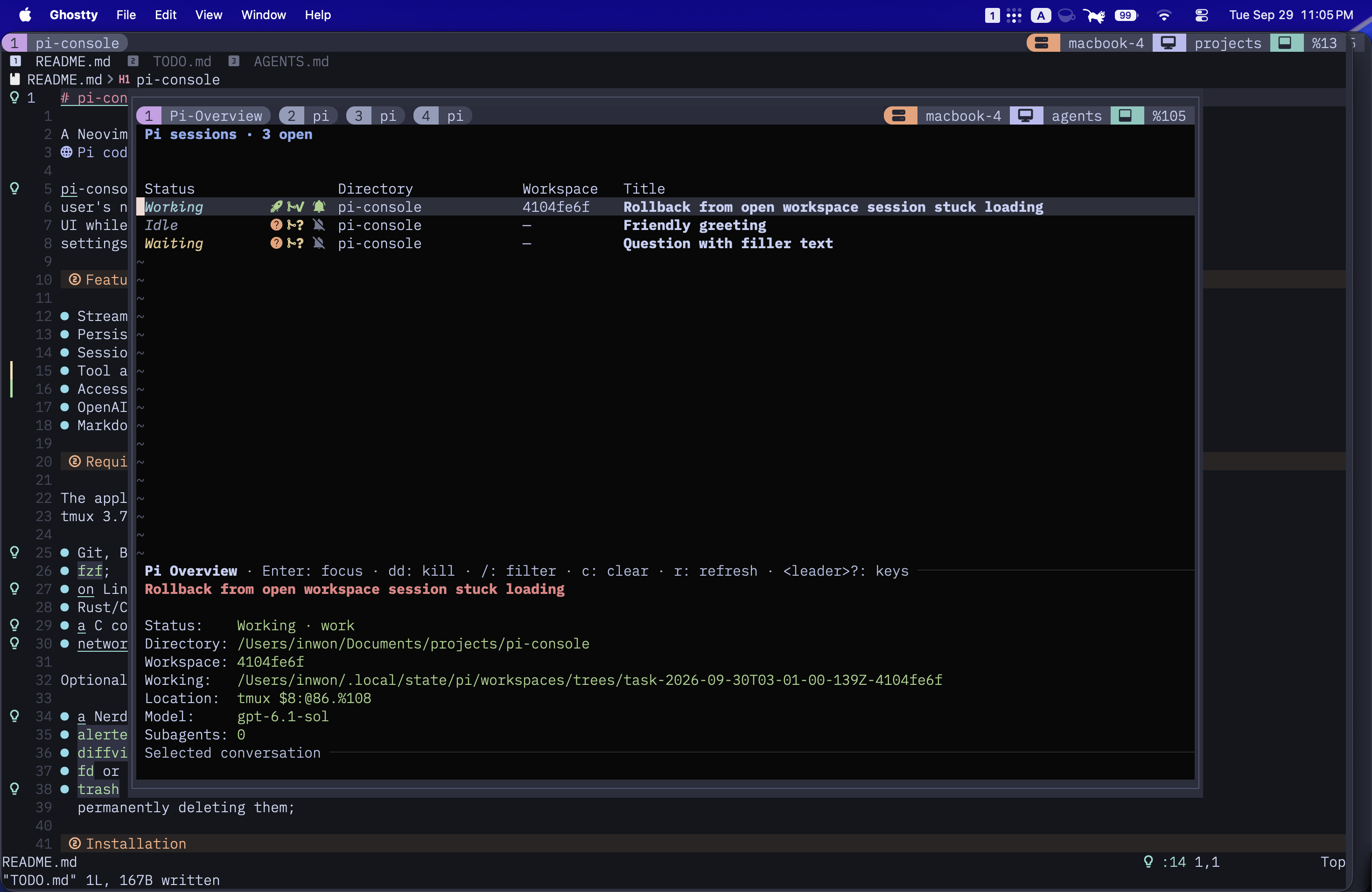 Session overview showing working, idle, and waiting conversations