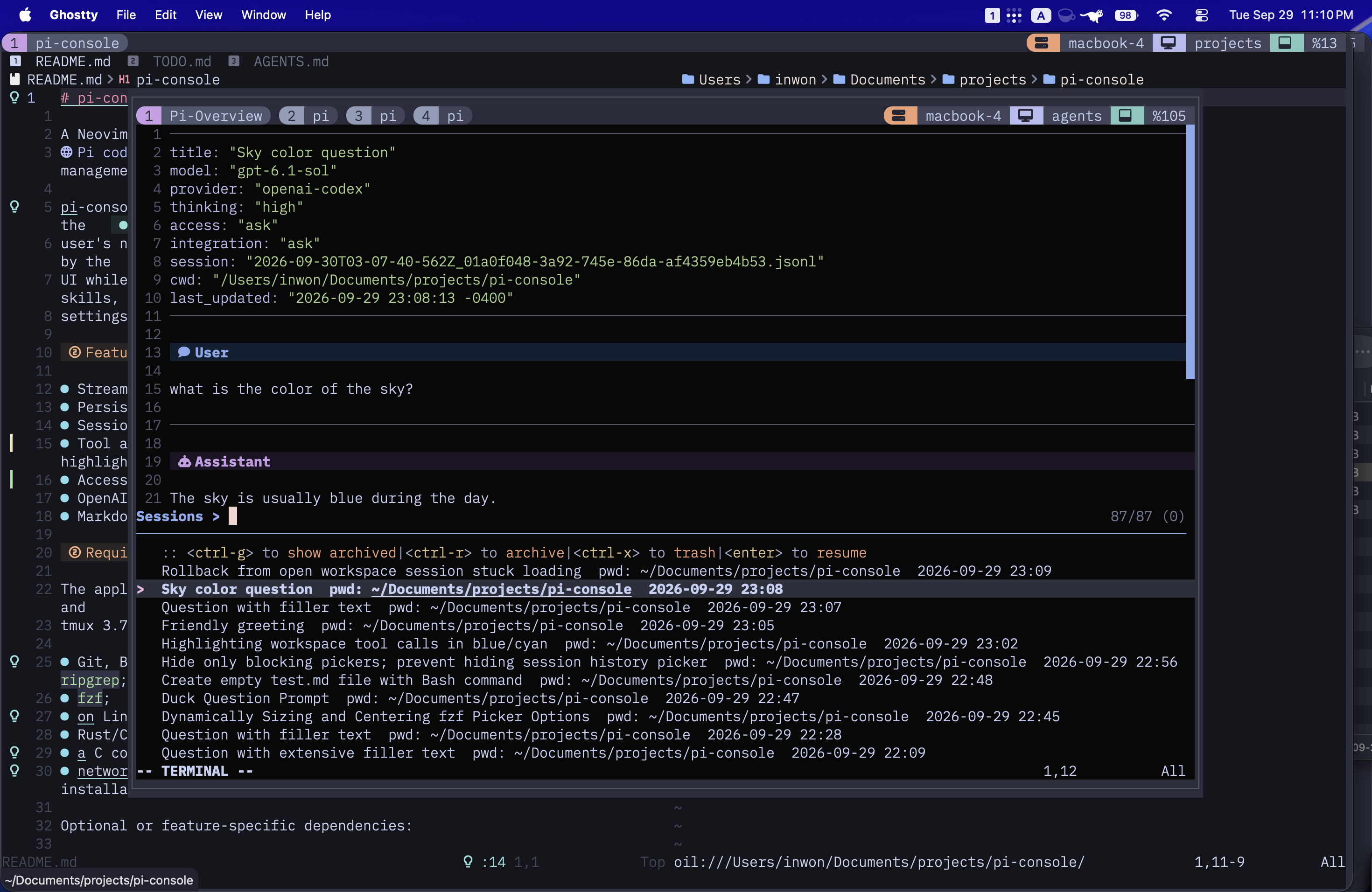 Session history picker with a preview of the selected conversation