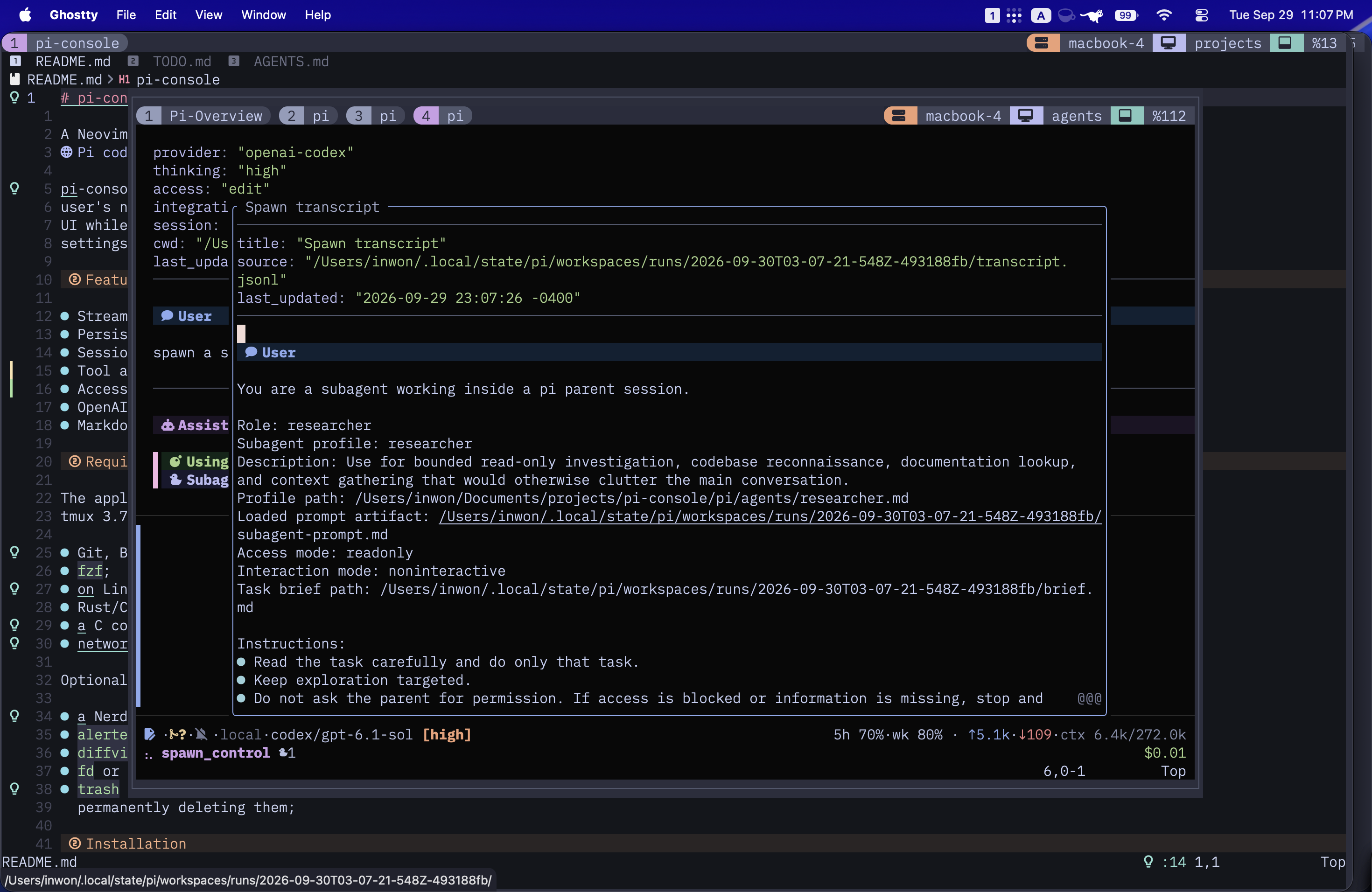 Subagent transcript opened over the parent conversation