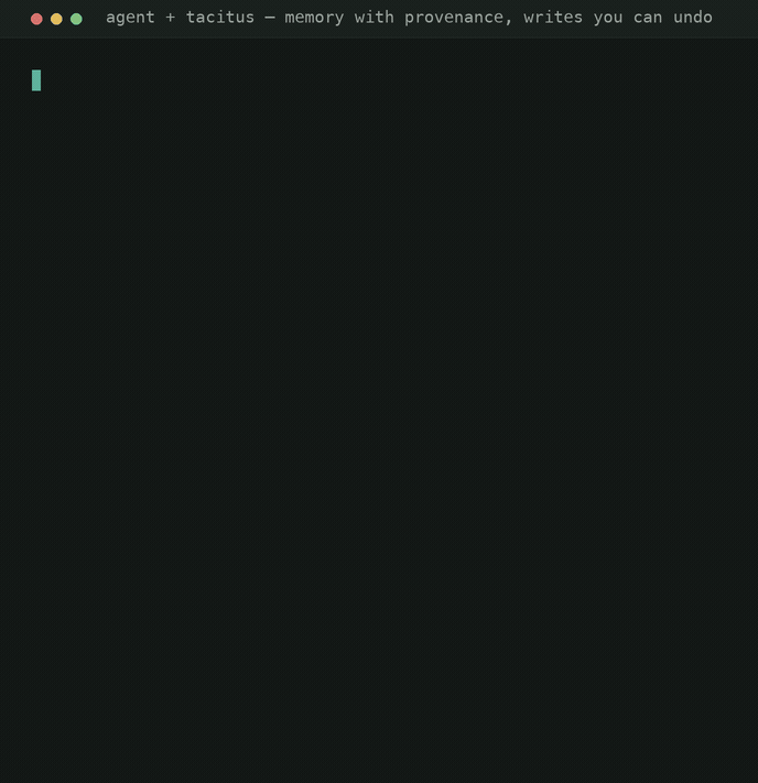 An agent remembering a fact with its source, recalling it under a token budget, proposing a diff, committing it, and reverting it