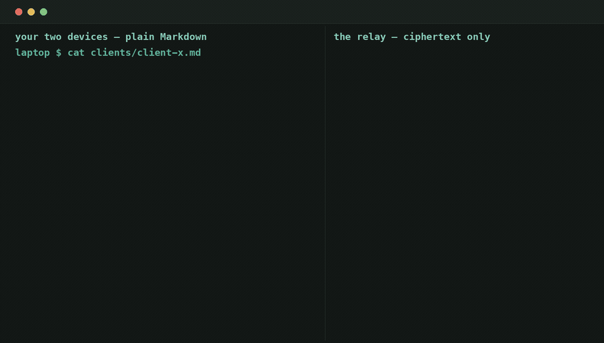 Two devices exchanging a note through a relay: plain Markdown on the devices, only base64 ciphertext in the relay's log