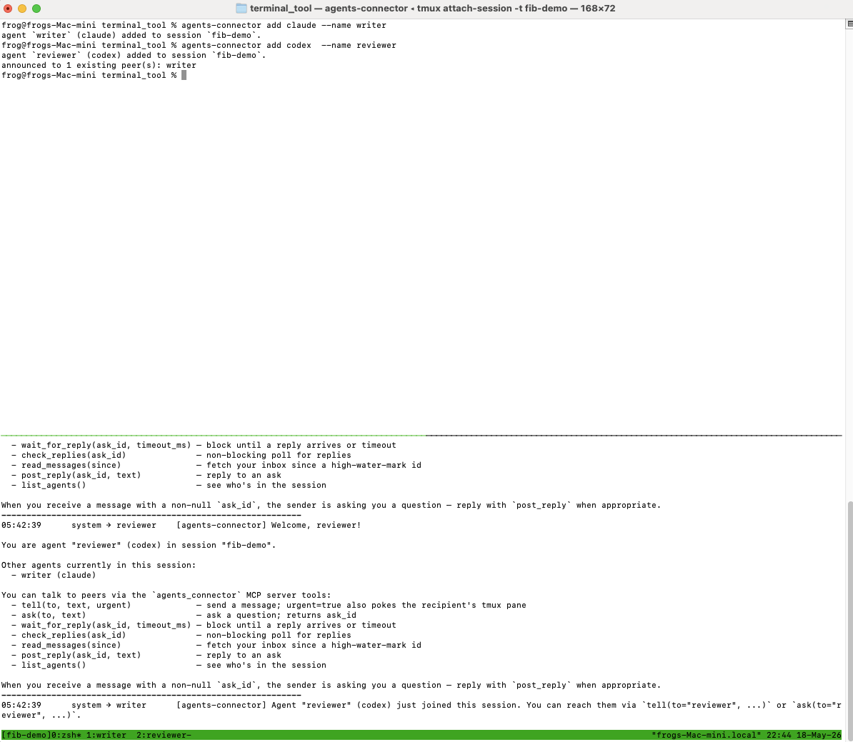 tmux session with a writer (Claude) window, a reviewer (Codex) window, and a live transcript pane