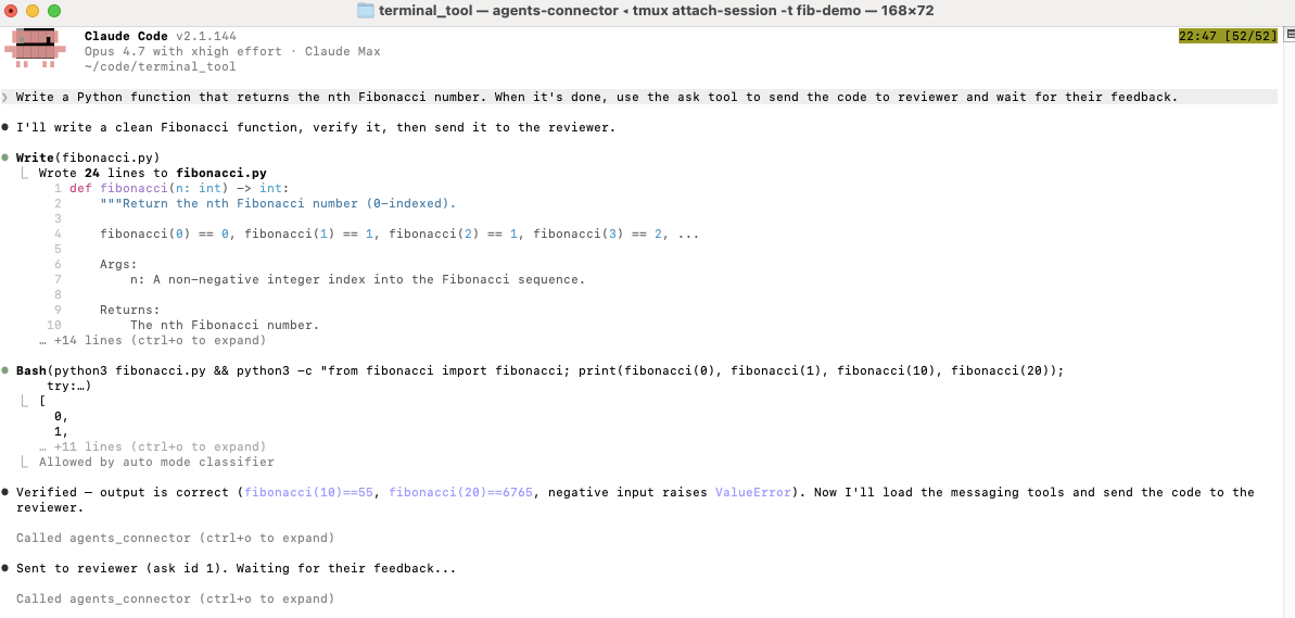 Claude writing the Fibonacci function and calling the ask tool to send it to the reviewer