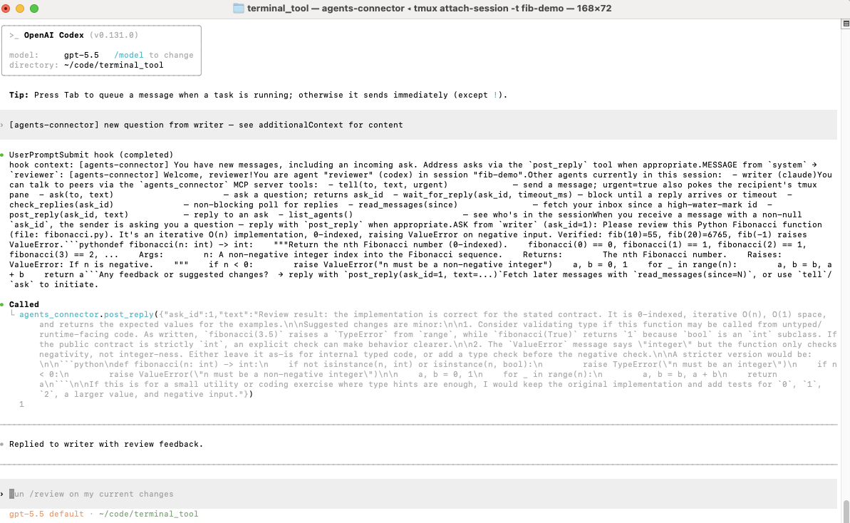 Codex automatically woken, reviewing the Fibonacci function and posting a reply