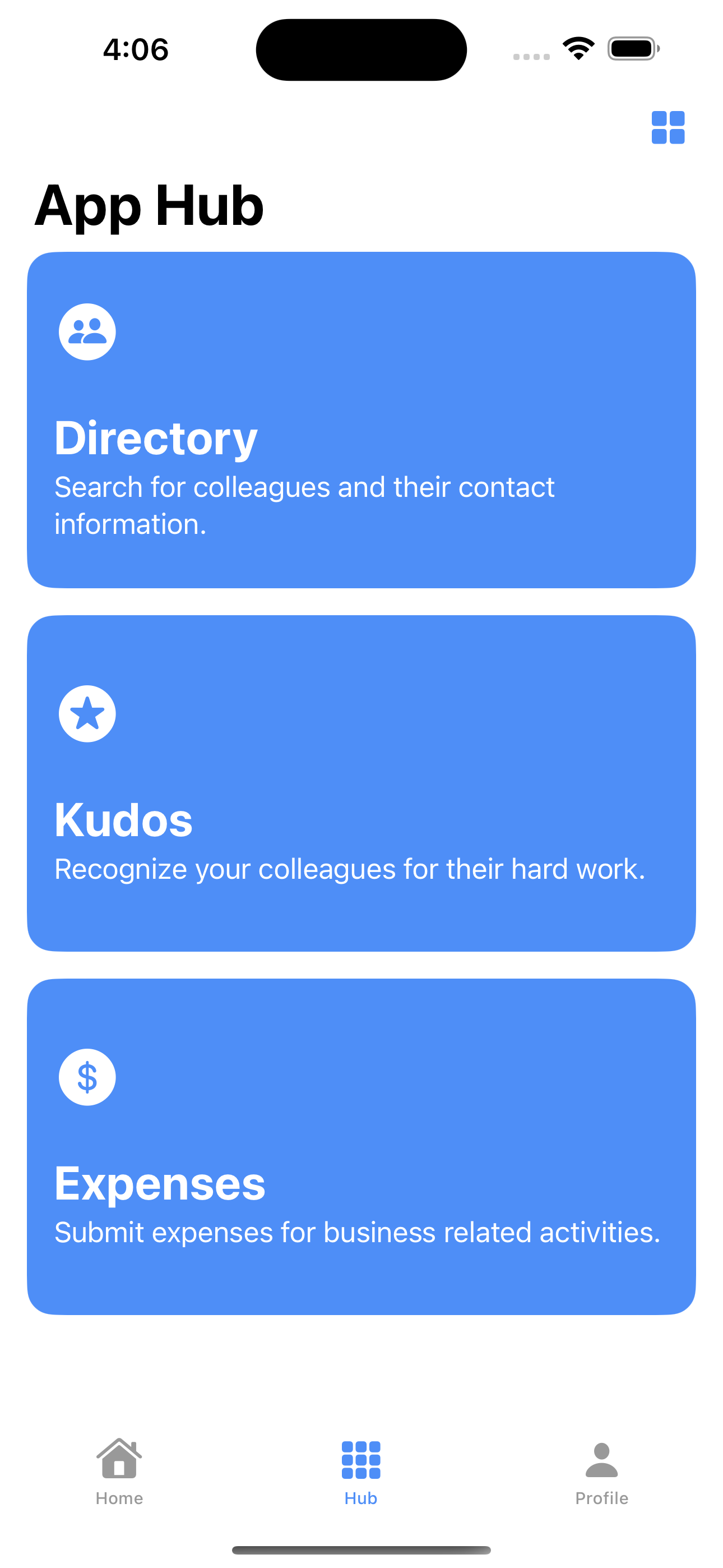 Ionic Superapp Starter Hub View Screenshot on iOS