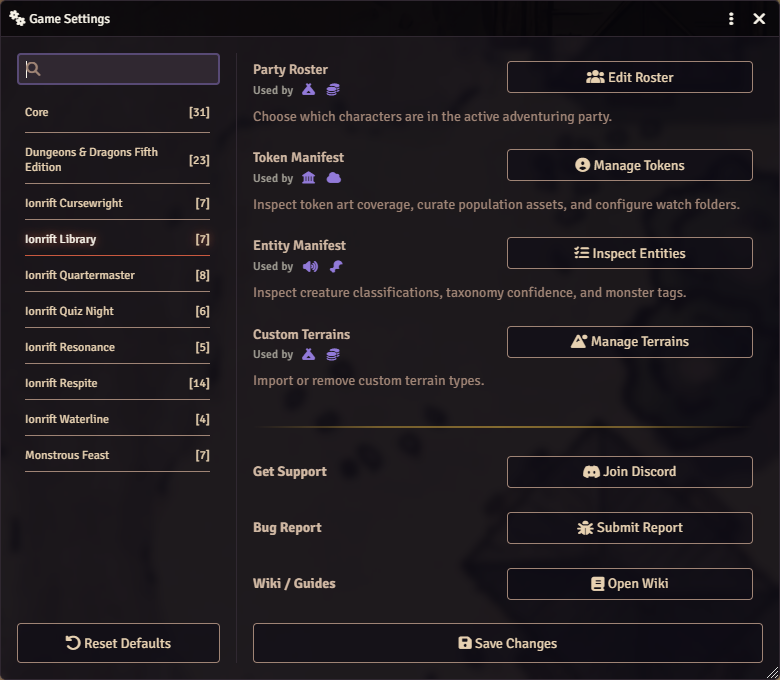 Ionrift Library Module Settings