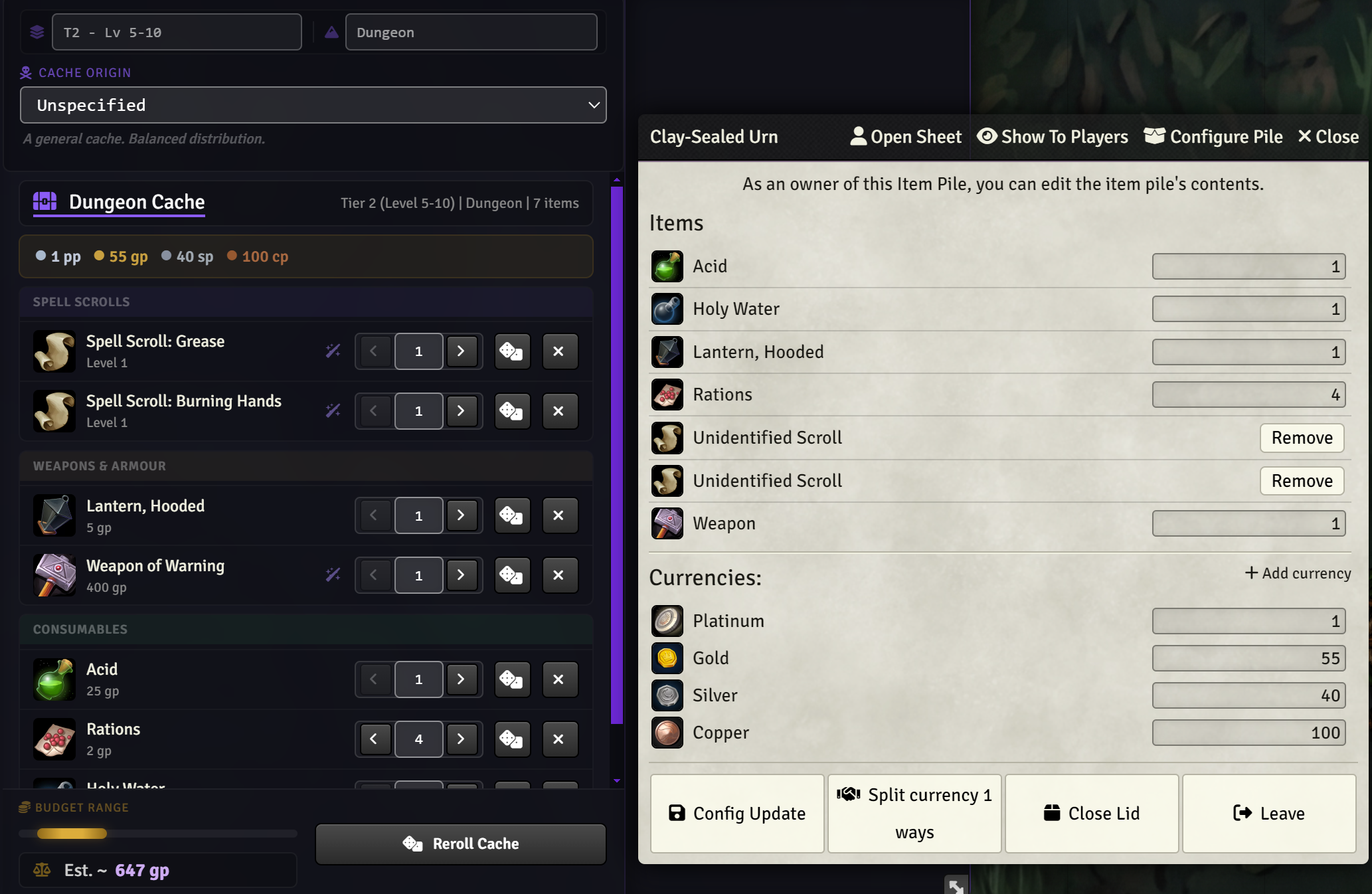 Cache preview showing real item names on the left, masked names in the placed pile on the right