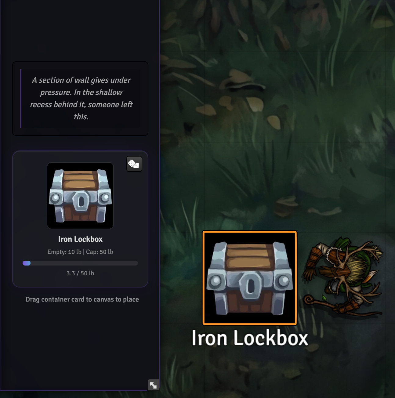 Loot container placed on canvas with narrative hook text