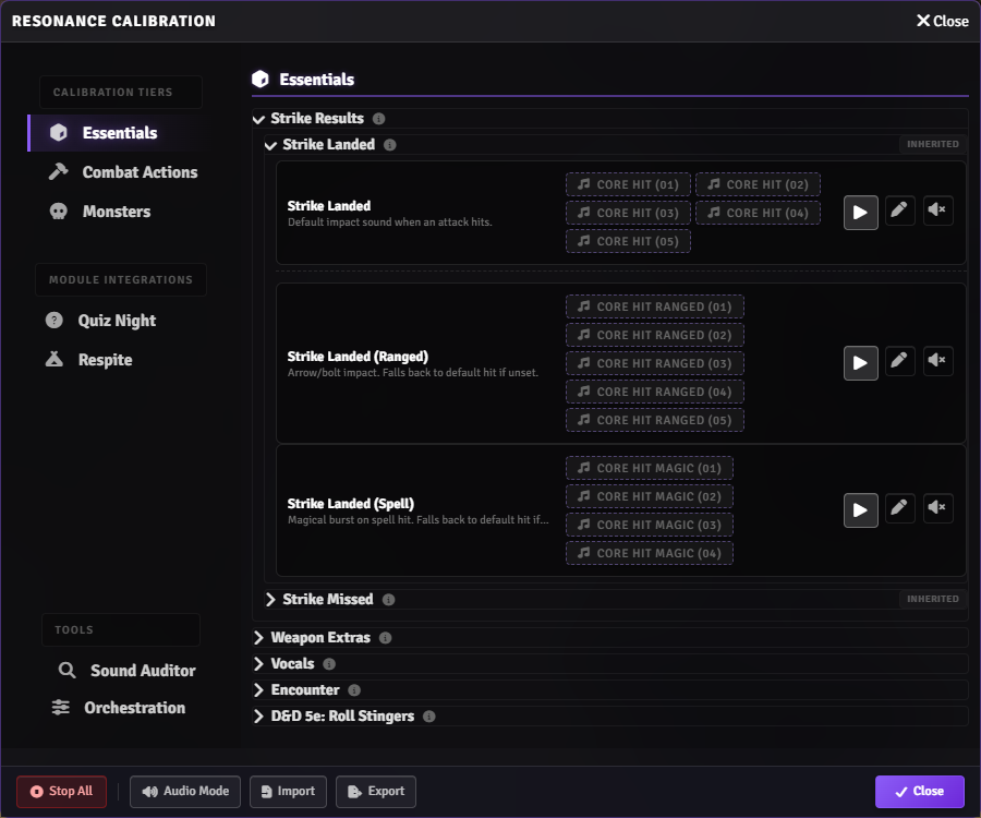 Resonance Calibration Essentials showing core combat events and vocals