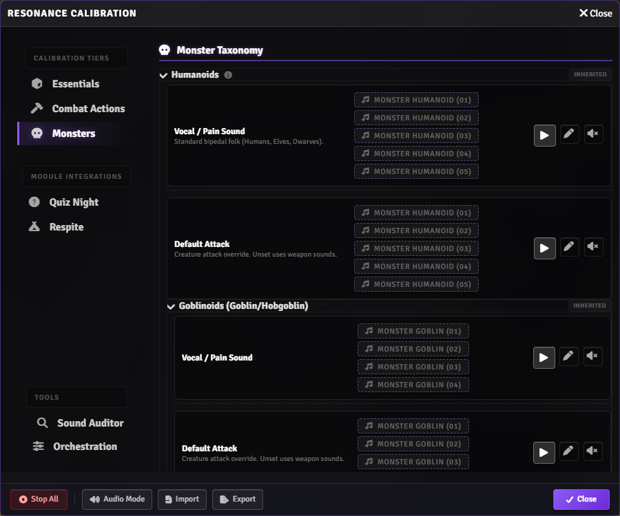 Resonance Calibration Monsters tab showing creature taxonomy families