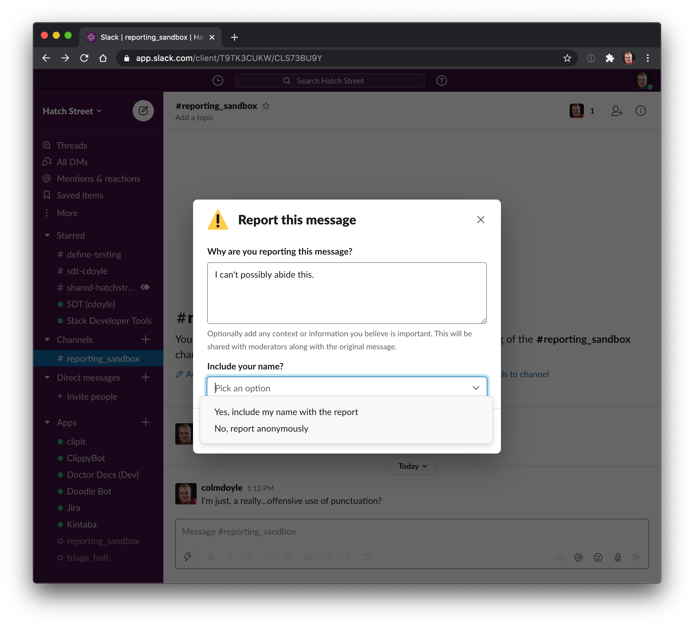 Message reporting modal