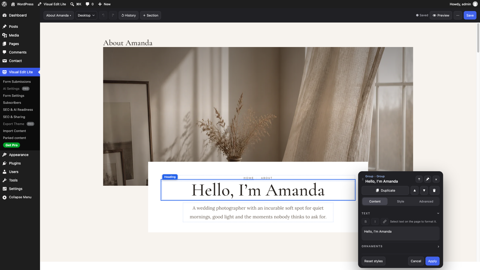 Visual Edit Lite: a heading selected on the live page, its panel open beside it