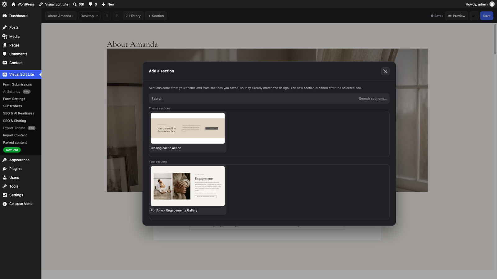 Add a section: the theme's own sections and the ones saved on this site