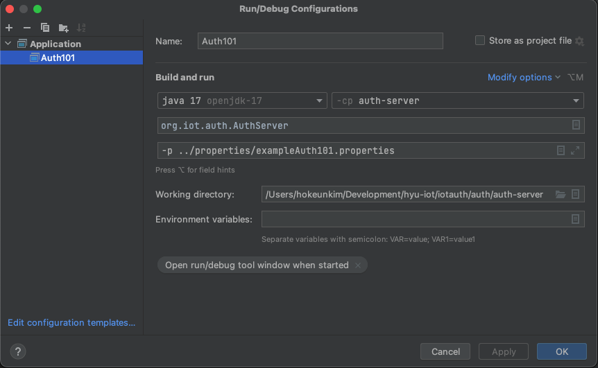 Auth101 IntelliJ run configuration