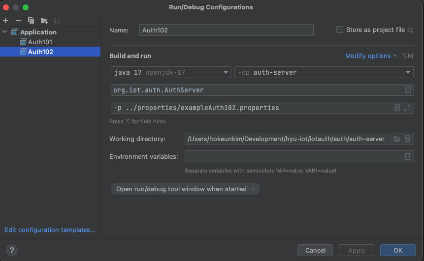 Auth102 IntelliJ run configuration