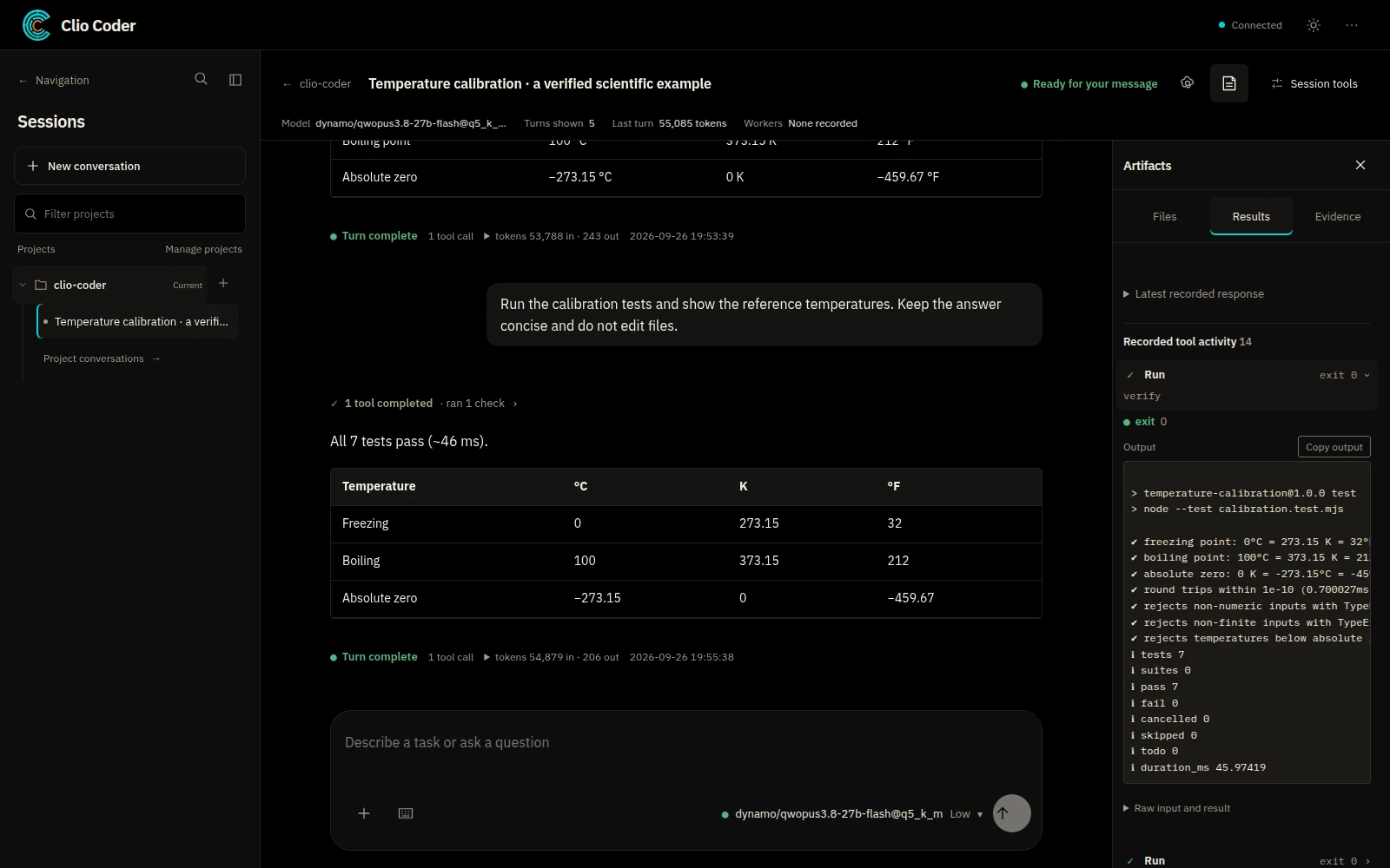 Conversation with seven passing temperature-calibration tests and recorded verification results in the collapsible right Artifacts panel