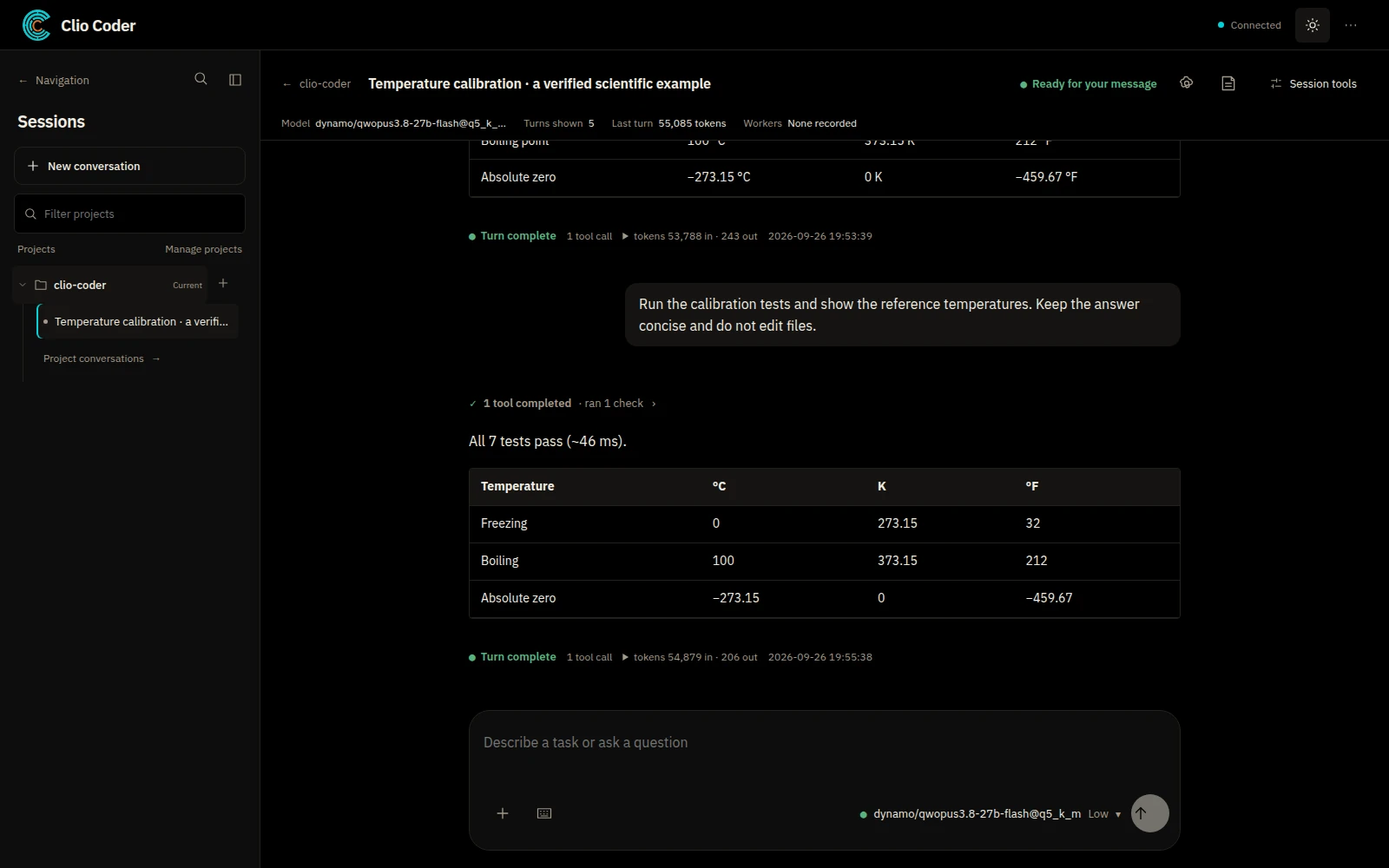 Browser conversation with project-grouped sessions, a compact composer, model selection and harness controls