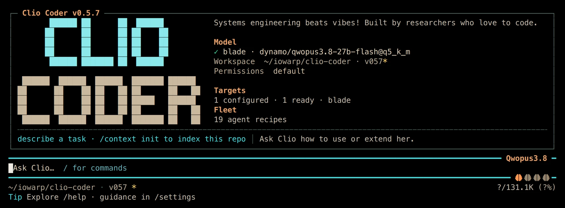 Clio Coder terminal boot with the model, workspace, fleet, composer, and guidance footer