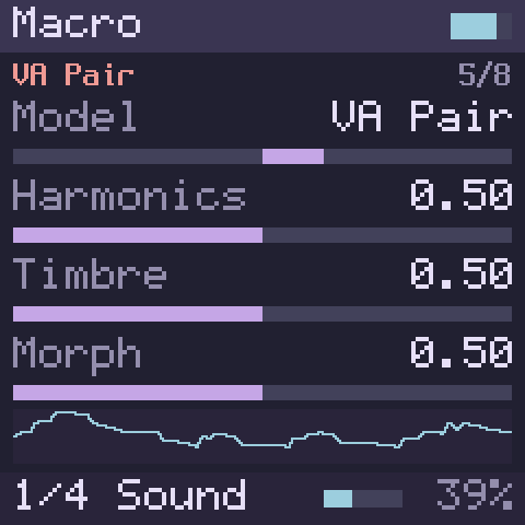 Lunar Modulator Macro screen with the VA Pair model and Harmonics, Timbre and Morph sliders