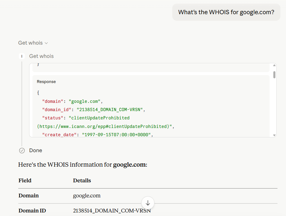The output of the domain google.com