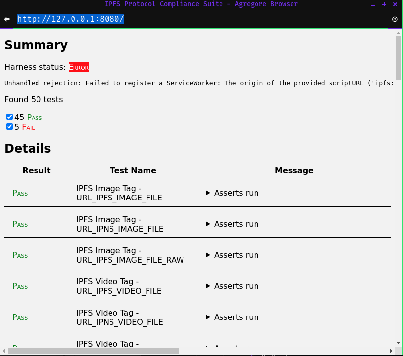 Screenshot of Agregore Browser with 45 tests passing, and 5 failing