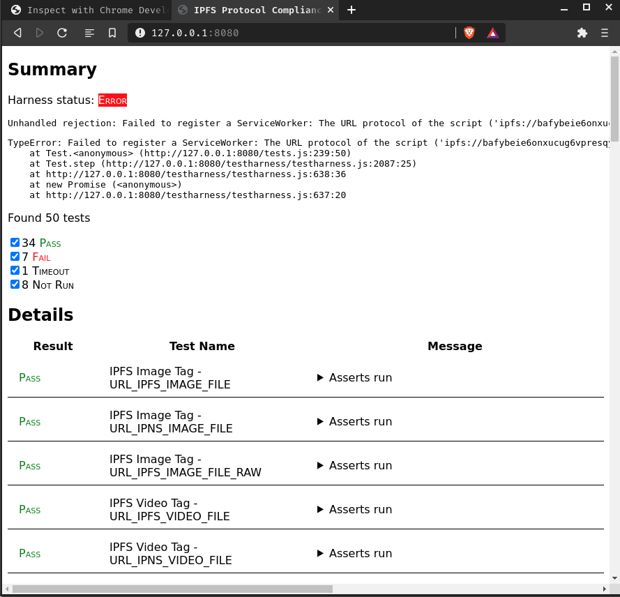 Screenshot of Brave Browser with 34 tests passing, 7 failing, 1 timeouts, and 8 not run