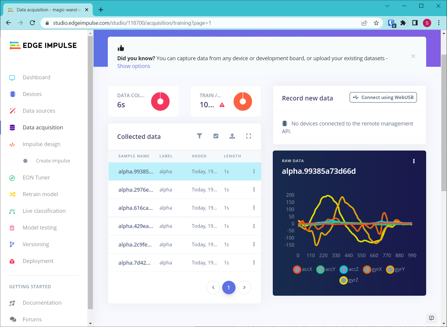 View CSV data uploaded to Edge Impulse