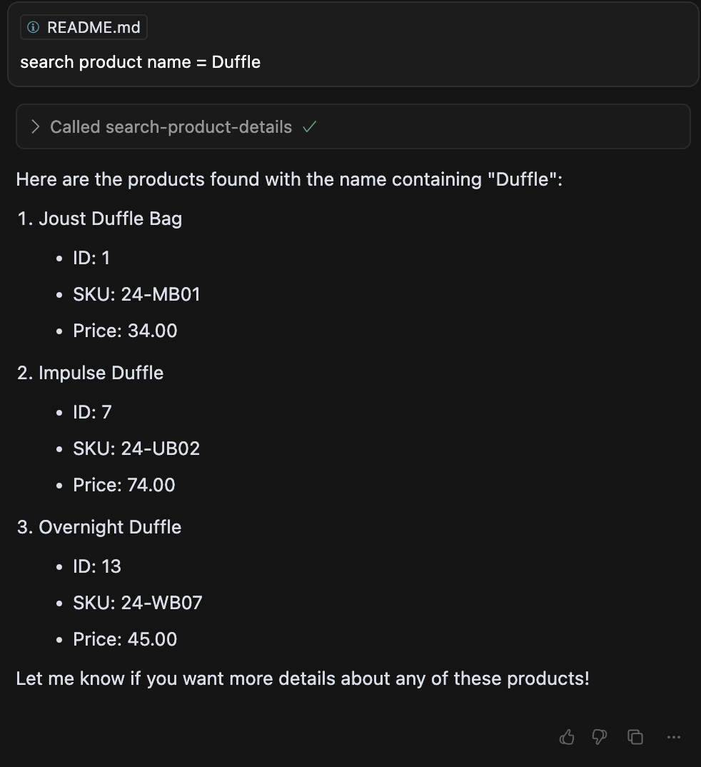 Example product search output
