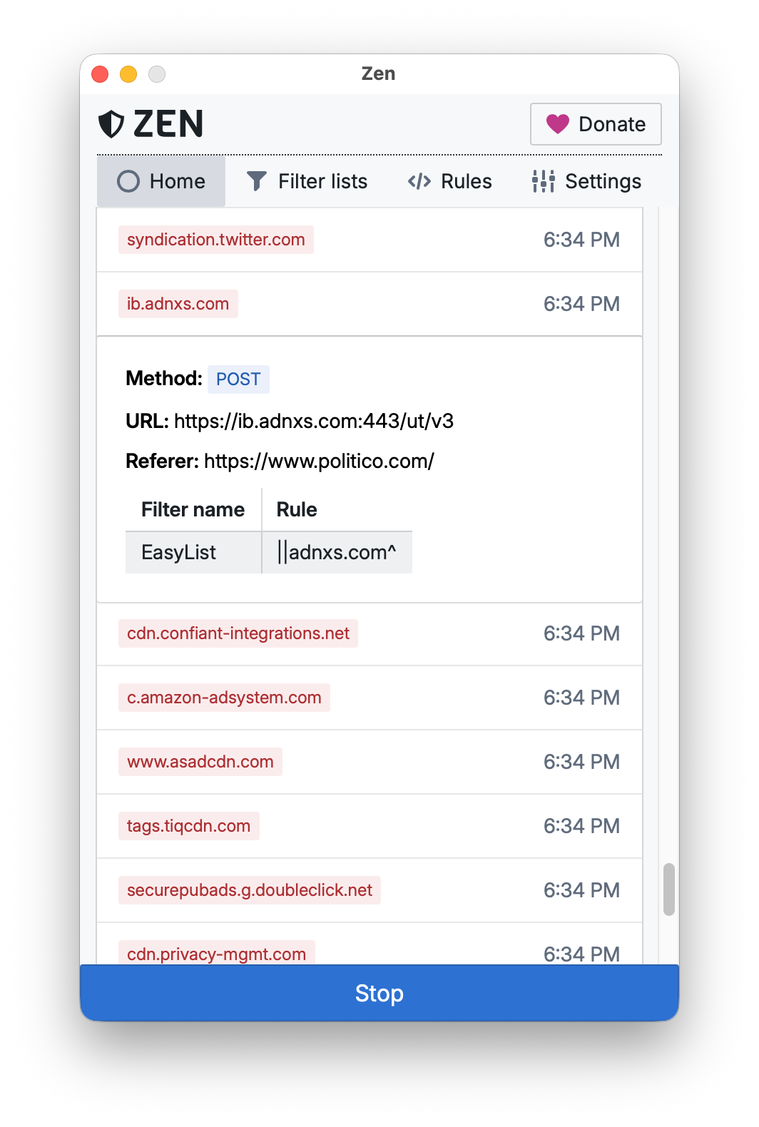 Screenshot of Zen's Home screen showing blocked network requests. One entry details a blocked request to a Marketo tracking script from politico.com, with several other advertising and analytics domains listed below. Navigation tabs and a Donate button appear at the top, and a blue Stop button is visible at the bottom.