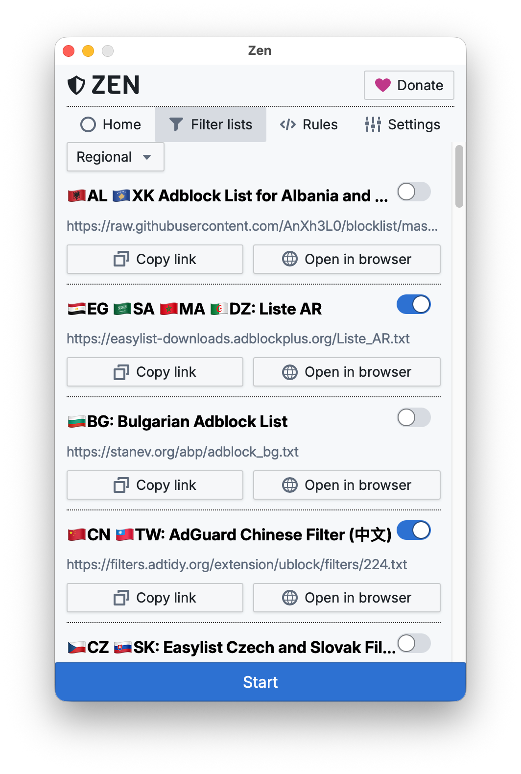 Screenshot of Zen's Filter lists screen showing a regional category with multiple ad-block filter lists from different countries. Each list includes a name, a source URL, and toggle switches indicating whether it is enabled.
