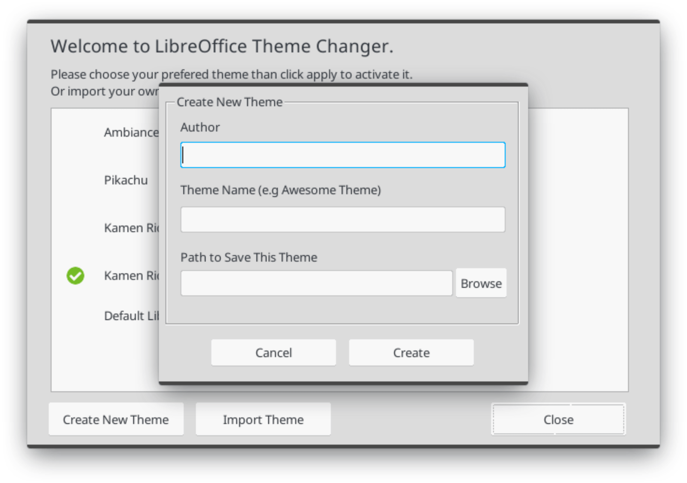 Create Own Theme Dialog