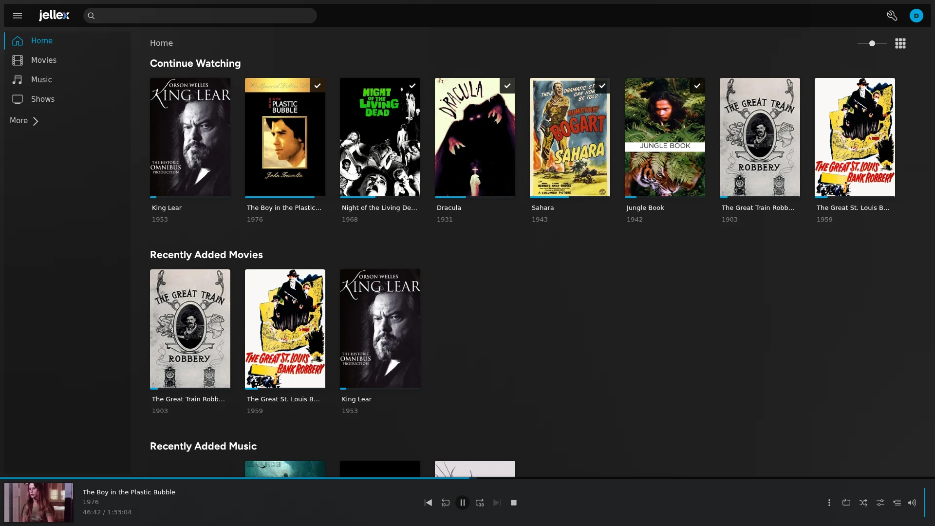 jellex's home page, with a movie playing in the mini player