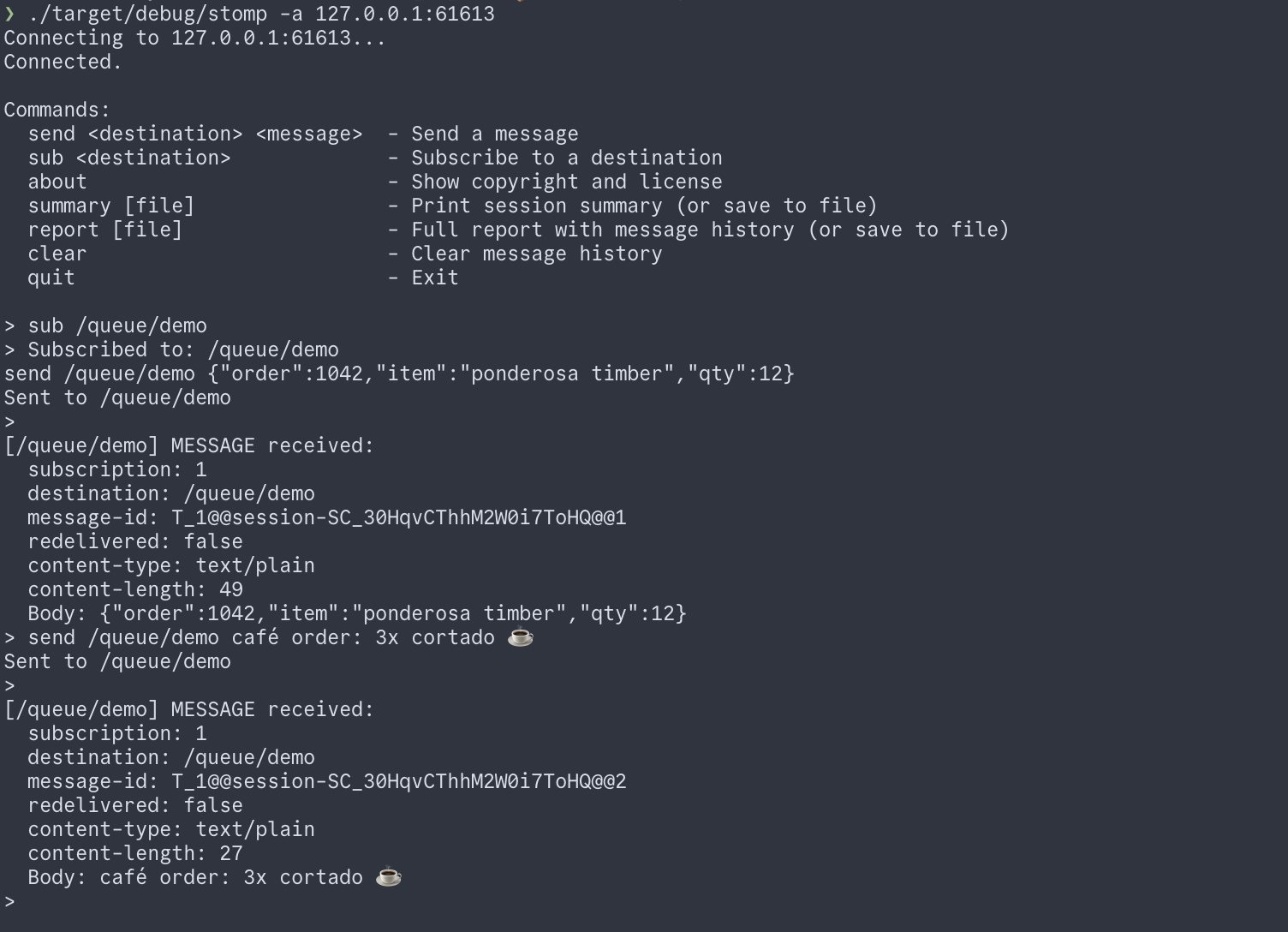 iridium-stomp plain CLI: interactive send and subscribe session