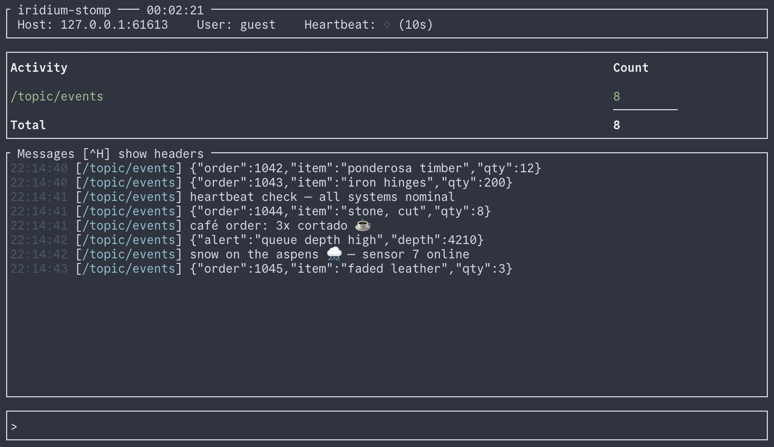 iridium-stomp TUI: activity, messages, and heartbeat panels