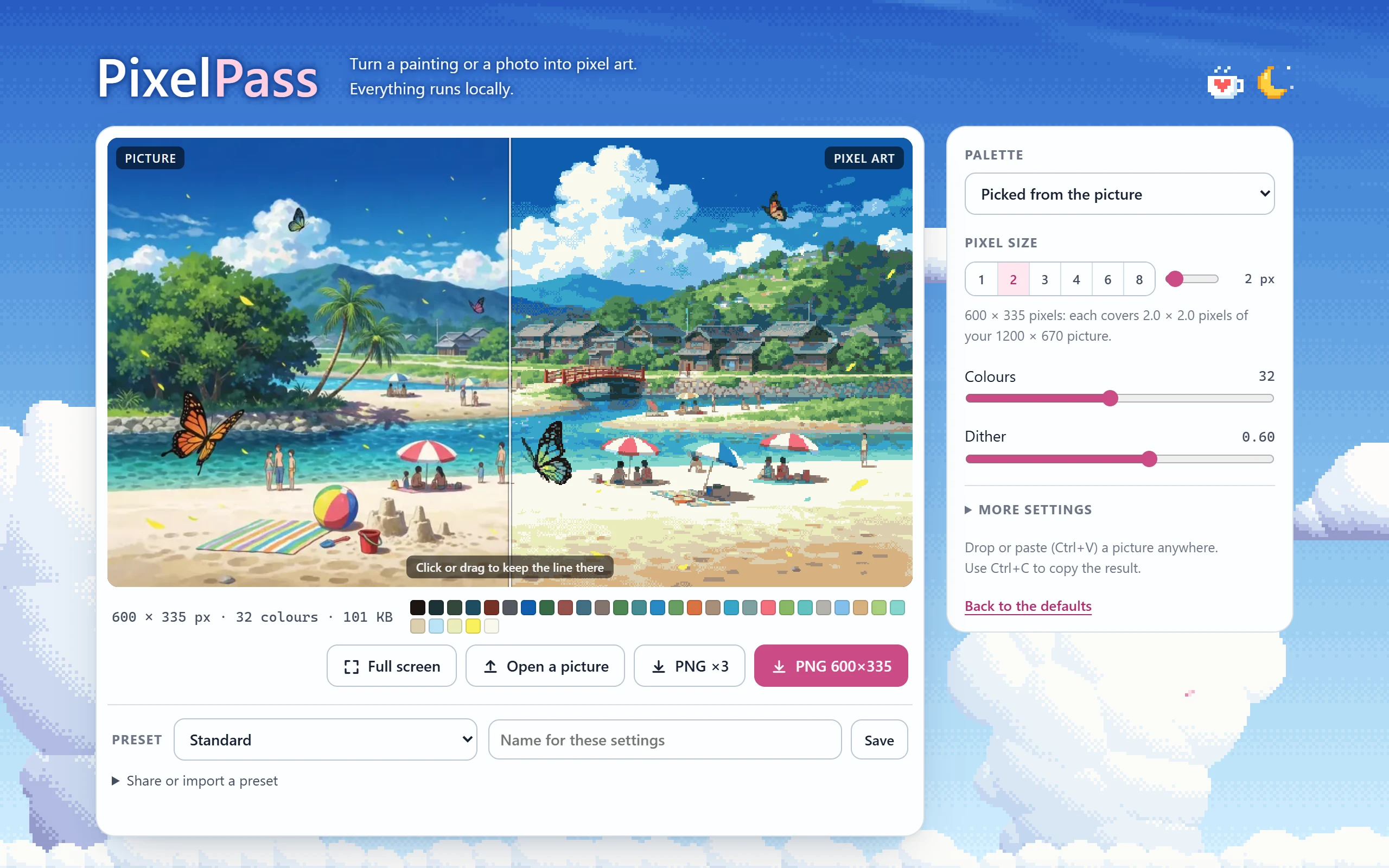 Pixel Pass with its sample, a painted summer beach: the picture left of the line, its pixel art right of it, the settings beside