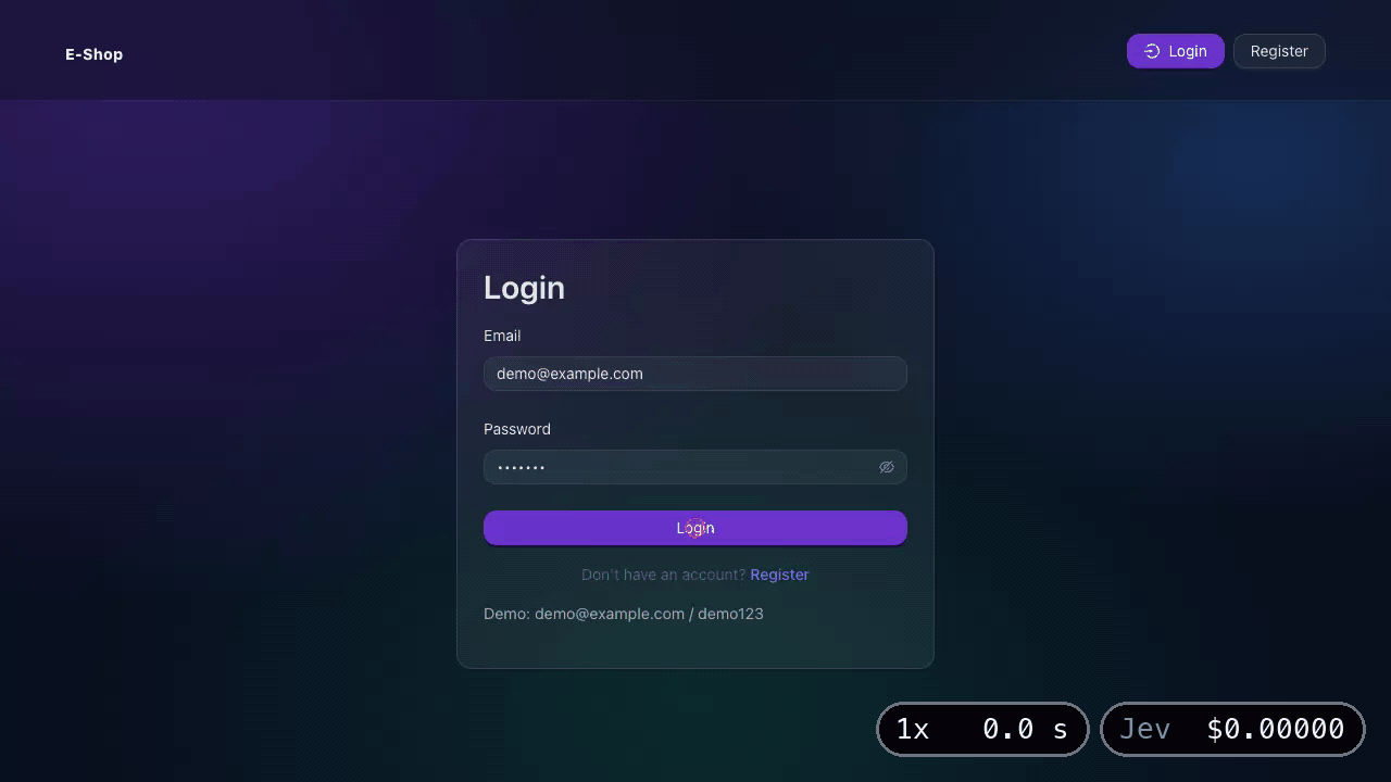 A real run on IronBee's e-shop demo at 1× speed: sign in, add the iPhone 15 Pro, open the cart, check out with an address and a card, place the order, and the order page turns to COMPLETED; 9 actions in 6.7 s. A second counter shows Jev's cost for the run, its review included, rising with the time to $0.00054